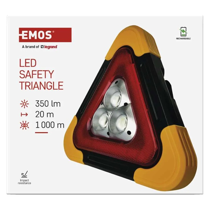 LED varovný trojúhelník, nabíjecí, COB LED+červená LED EMOS P45010