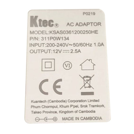 Adaptér napájecí 12V 2500mA Ktec KSAS0361200250HE (5,5x2,5mm)