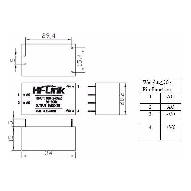 Zdroj spínaný 5V/0.6A 3W HLK-PM01