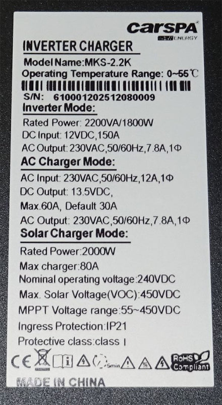 Měnič napětí hybridní CARSPA MKS-2.2K, DC/AC 12V/1800W,regul.MPPT