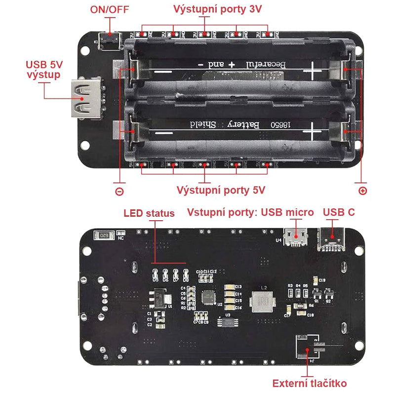 Nabíječka baterií-powerbanka, modul V8 pro ESP32,ESP8266 pro 2x Li-Ion 18650