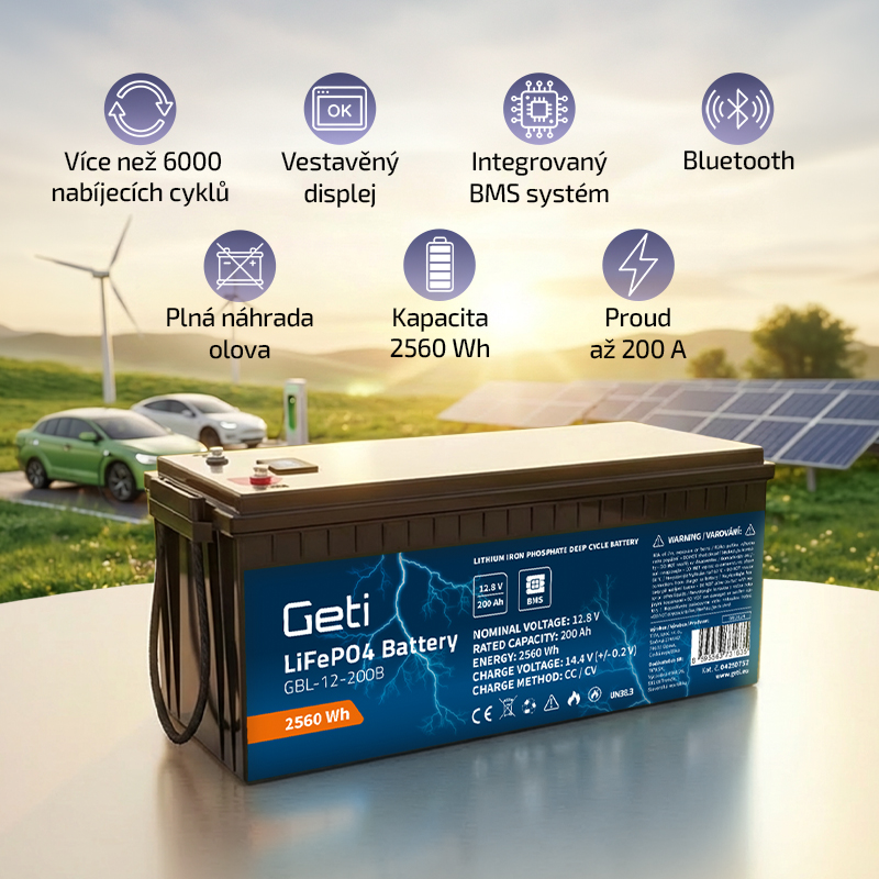 Baterie LiFePO4 12,8V 200Ah GETI GBL-12-200B Bluetooth+displej