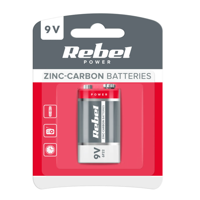 Baterie 6F22 (9V) Zn-Cl REBEL 1ks / blistr BAT0082B