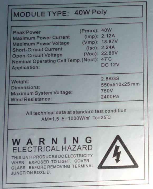 Solární panel 12V/40W polykrystalický