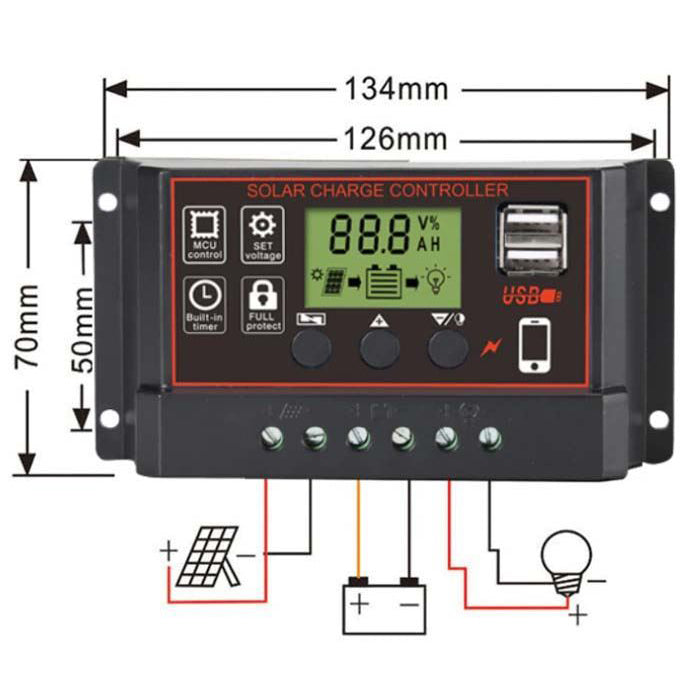 Solární regulátor PWM BL915C 12-24V/30A+USB pro různé bateri
