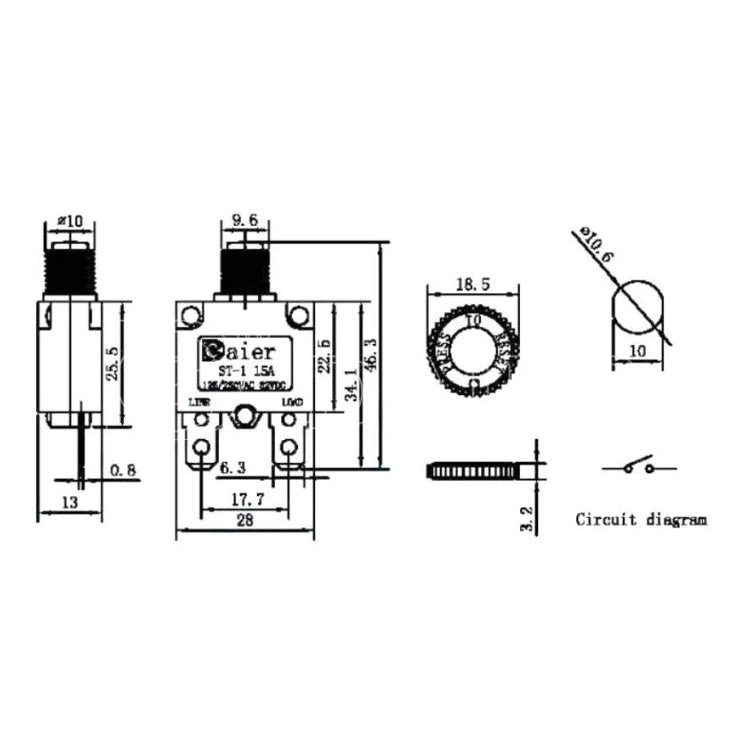 Nadproudový tepelný jistič ST-1 250VAC/10A nebo 32VDC/10A