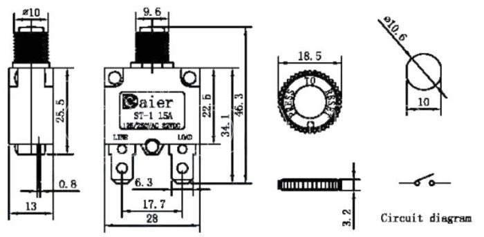 Nadproudový tepelný jistič ST-1 250VAC/6A nebo 32VDC/6A