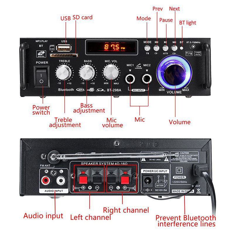 Zesilovač, rádio, bluetooth, přehrávač MP3, karaoke BT-298A