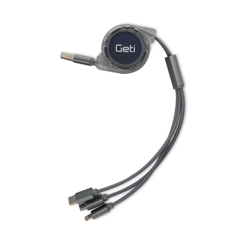 Kabel GETI GCU 04 USB 3v1 stříbrný samonavíjecí