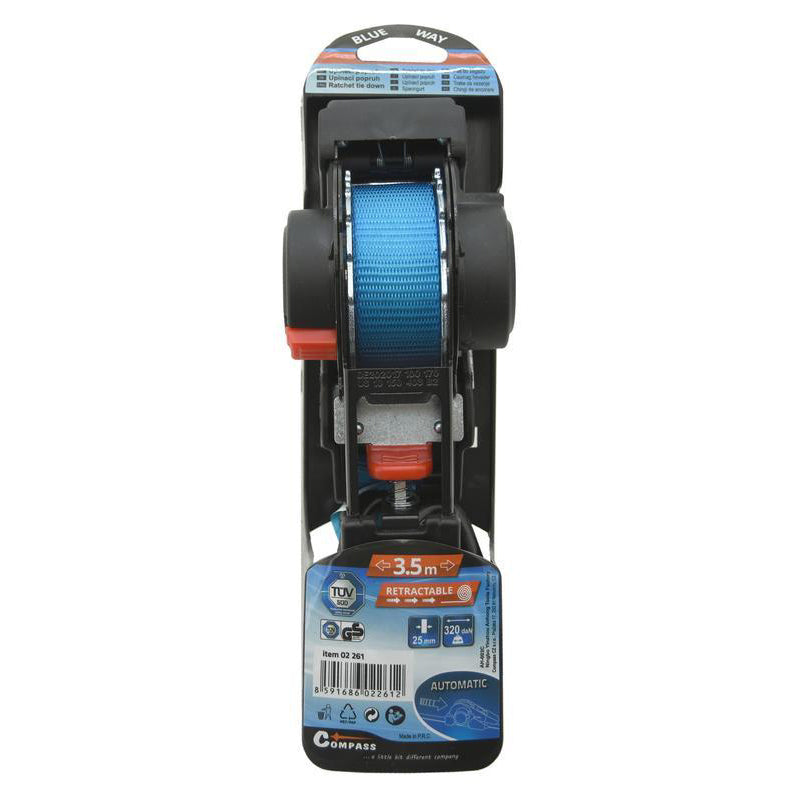 Popruh upínací s ráčnou a háky COMPASS 02261 samonavíjecí 3,5m