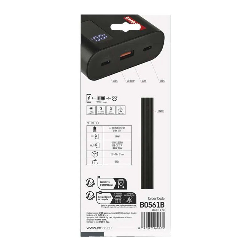 PowerBank EMOS NTBF30, 27000 mAh, 100 W PD, černá