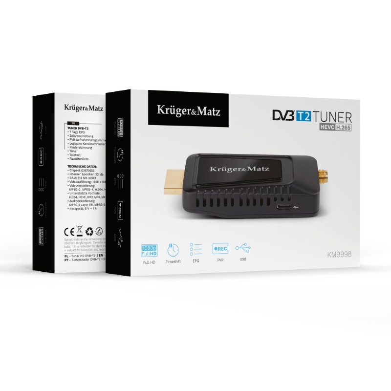 Mini tuner DVB-T2 HEVC na HDMI KRUGER & MATZ KM9998