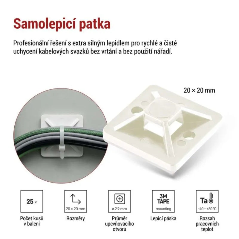 Samolepicí příchytka stahovacího pásku EMOS A2832 20×20mm bílá 25 ks