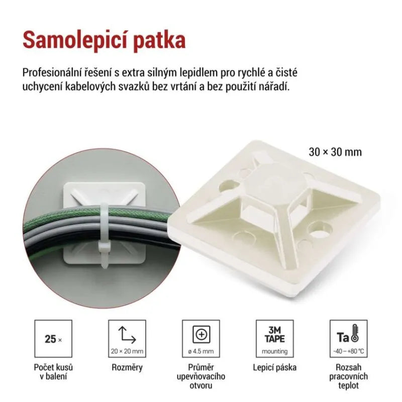 Samolepicí příchytka stahovacího pásku EMOS A2834 30×30mm bílá 25 ks