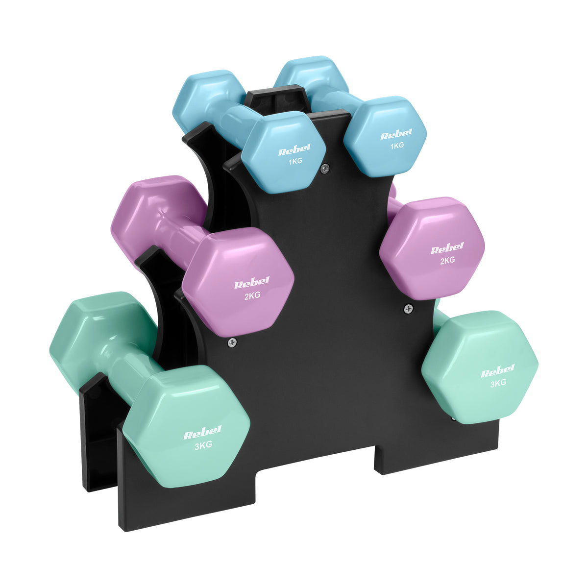 Sada činek z litiny a neoprenu HEX se stojanem REBEL RBA-2340-ST2 12 kg