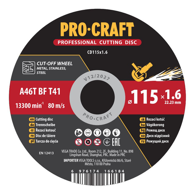 Kotouč řezný PROCRAFT 115x1.6mm