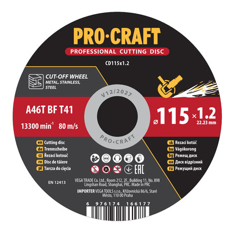 Kotouč řezný PROCRAFT 115x1.2mm