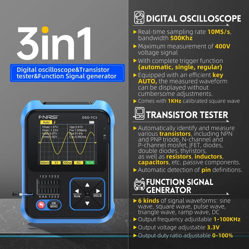 Osciloskop, generátor funkcí a tester součástek FNIRSI DSO-TC3