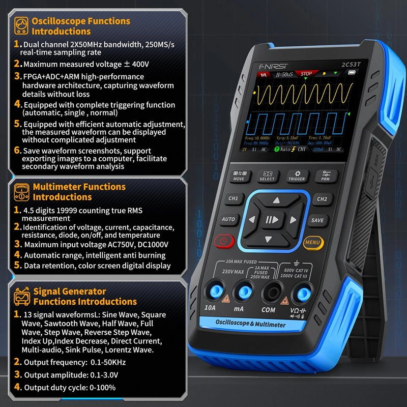 Osciloskop, generátor funkcí a multimetr FNIRSI 2C53T, 50MHz