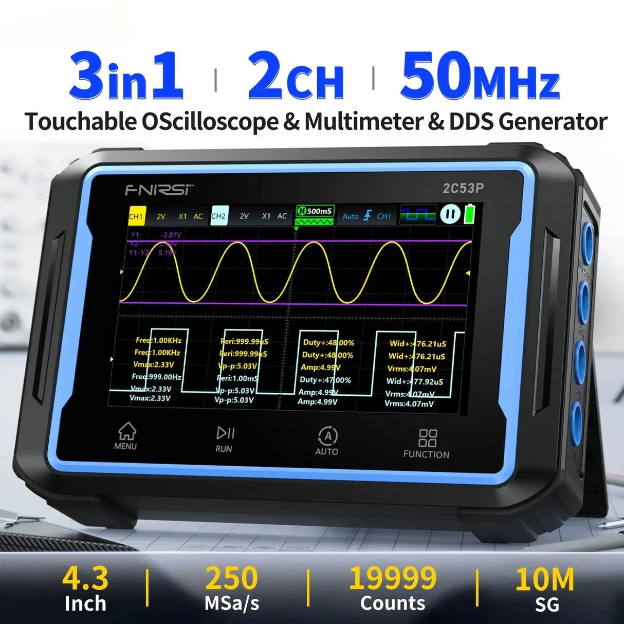 Osciloskop, generátor funkcí a multimetr FNIRSI 2C53P, 50MHz