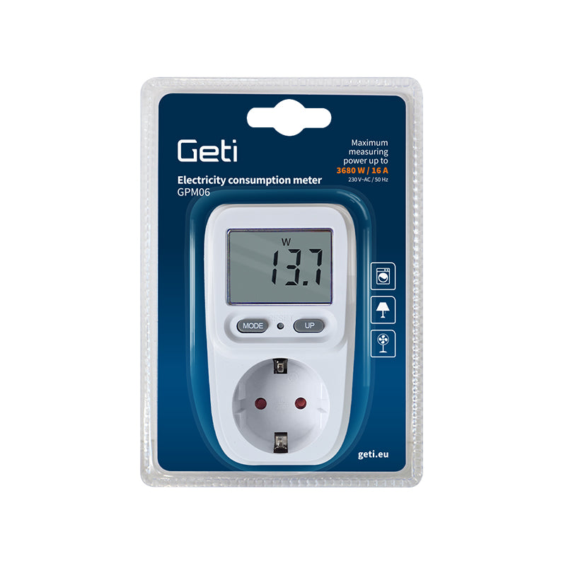 Měřič spotřeby elektrické energie GETI GPM02 se SCHUKO zásuvkou