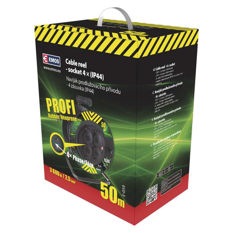 Prodlužovací kabel na bubnu - 4 zásuvky 50m EMOS P084503 guma-neopren / 2,5 mm2