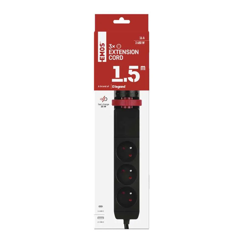 Prodlužovací přívod 3 zásuvky 1,5m EMOS P1311PD,uchycení na stůl,USB,vypínač