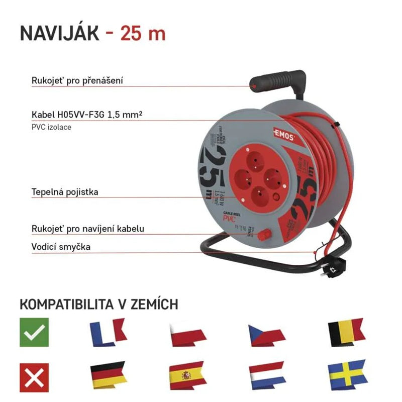 Prodlužovací kabel na bubnu - 4 zásuvky 25m EMOS P19425