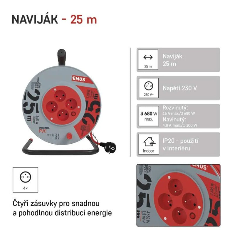 Prodlužovací kabel na bubnu - 4 zásuvky 25m EMOS P19425