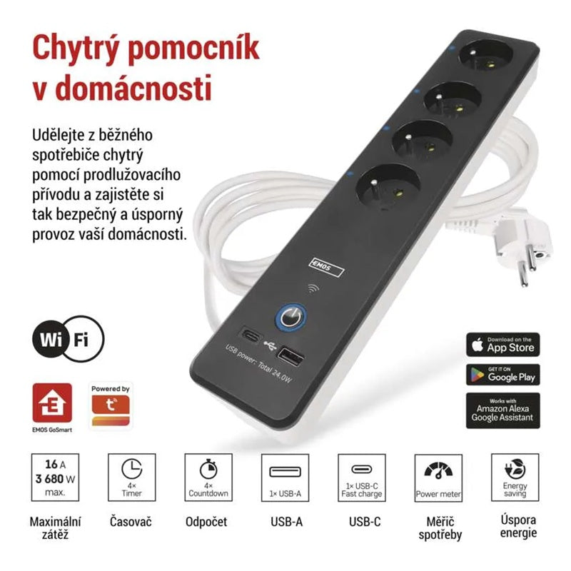GoSmart prodlužovací přívod 4 zásuvky 2m EMOS P1412SM s vyp./ USB /bílá-černá/PVC/ WiFi