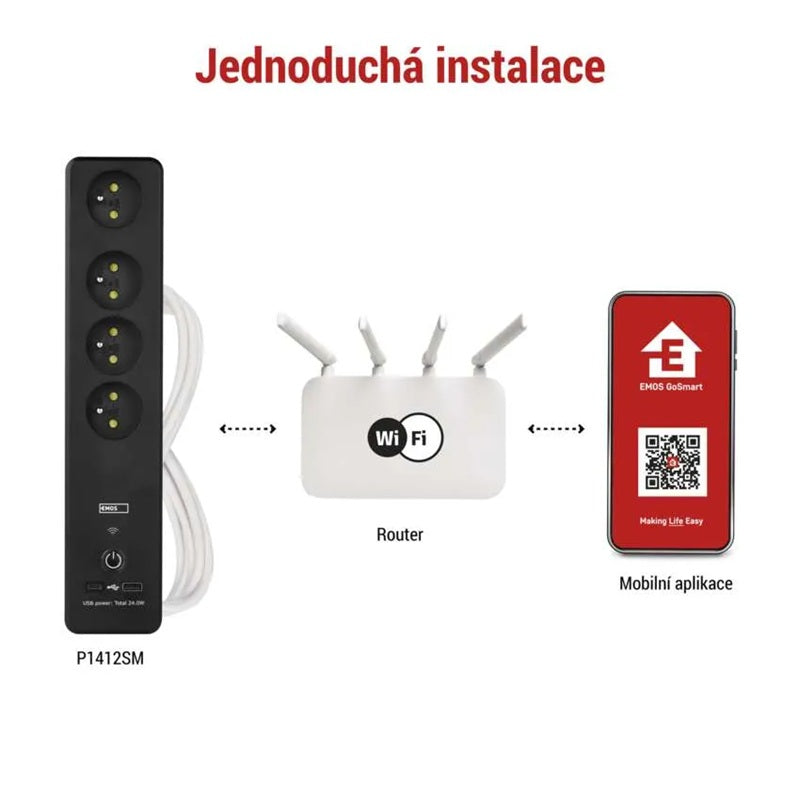 GoSmart prodlužovací přívod 4 zásuvky 2m EMOS P1412SM s vyp./ USB /bílá-černá/PVC/ WiFi