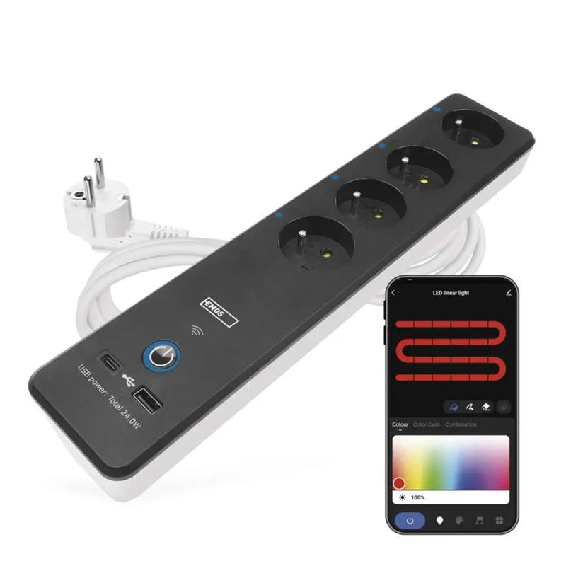 GoSmart prodlužovací přívod 4 zásuvky 2m EMOS P1412SM s vyp./ USB /bílá-černá/PVC/ WiFi