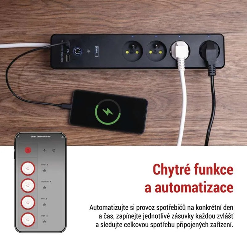 GoSmart prodlužovací přívod 4 zásuvky 2m EMOS P1412SM s vyp./ USB /bílá-černá/PVC/ WiFi
