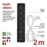 GoSmart prodlužovací přívod 4 zásuvky 2m EMOS P1412SM s vyp./ USB /bílá-černá/PVC/ WiFi