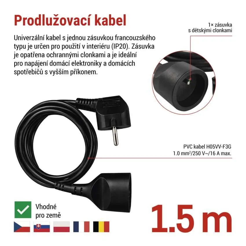 Prodlužovací kabel 1 zásuvka EMOS PC0111 1,5 m