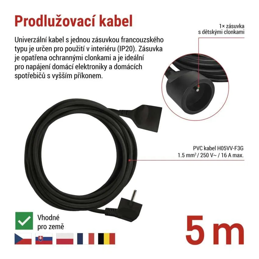 Prodlužovací kabel 1 zásuvka EMOS PC0115R 5m
