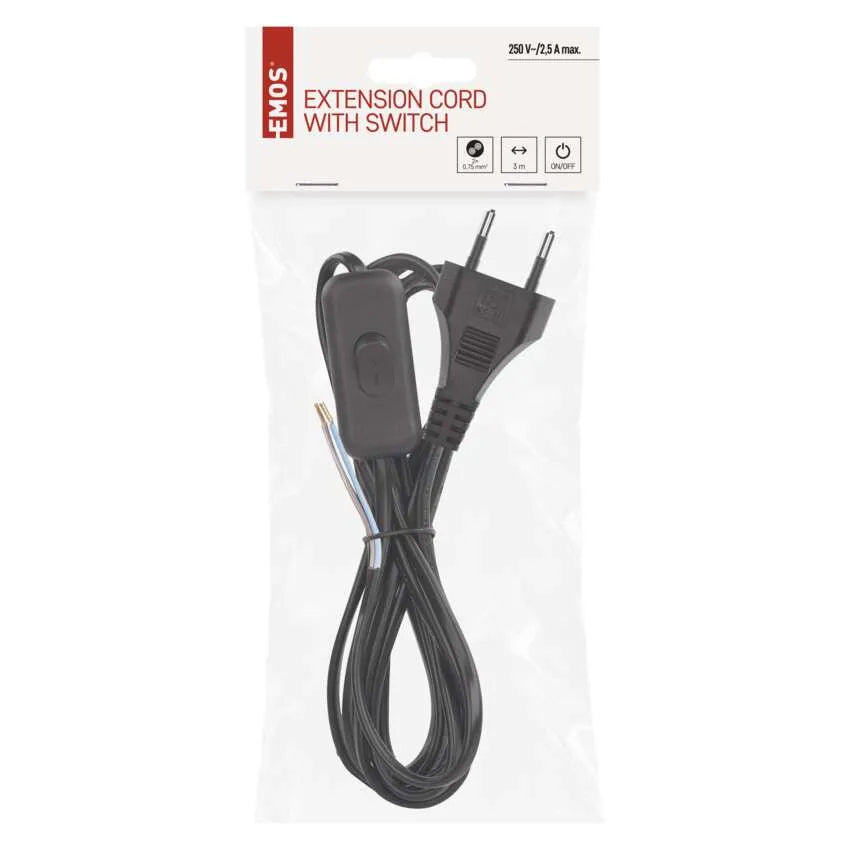 Flexo šňůra PVC 2x0,75mm 3m černá EMOS S09273 s vypínačem