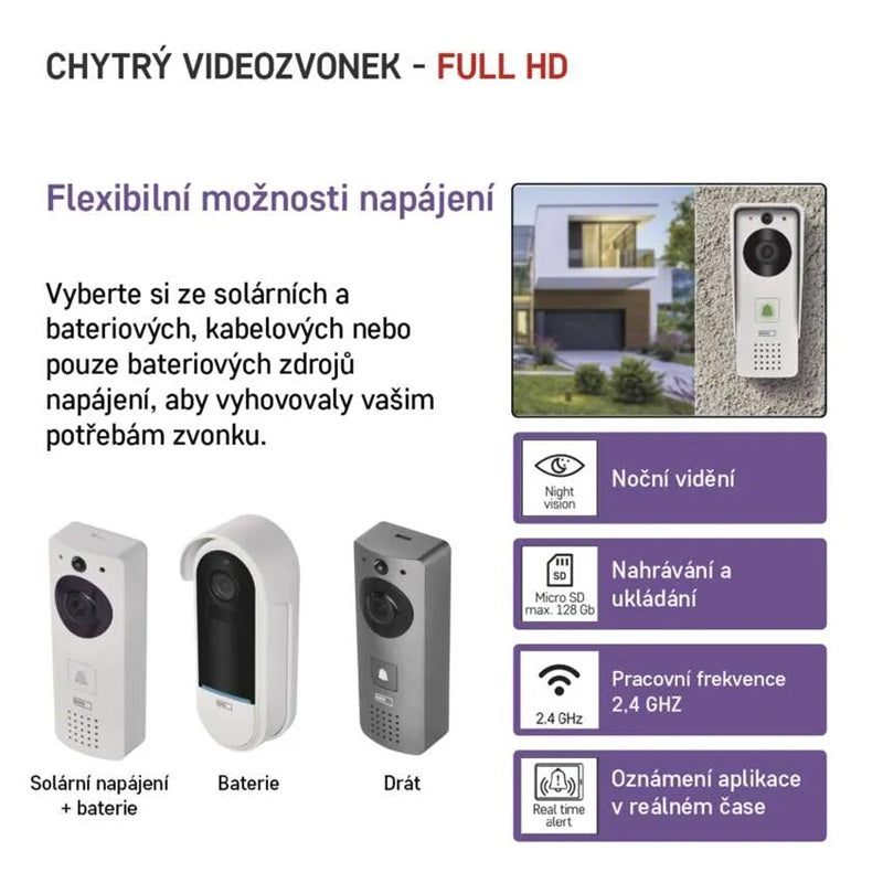 GoSmart domovní bezdrátový bateriový videozvonek EMOS IP-09D s WiFi a solárním panelemm