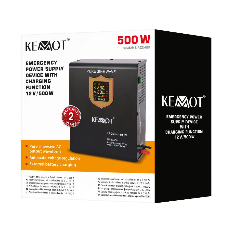 Zdroj záložní KEMOT PROsinus-800 12V 230V 800VA 500W Black nástěnný