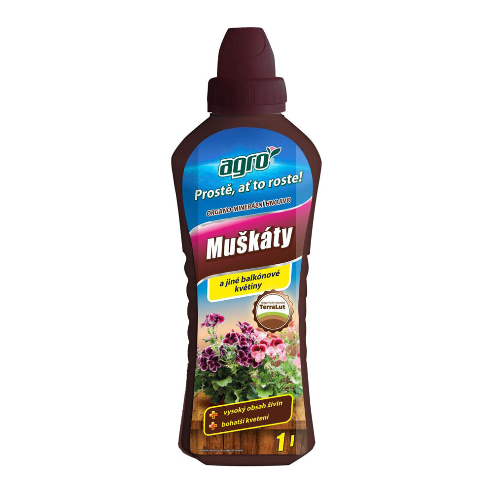 Hnojivo pro muškáty,pelargonie a balkónové květiny AGRO OM 1l