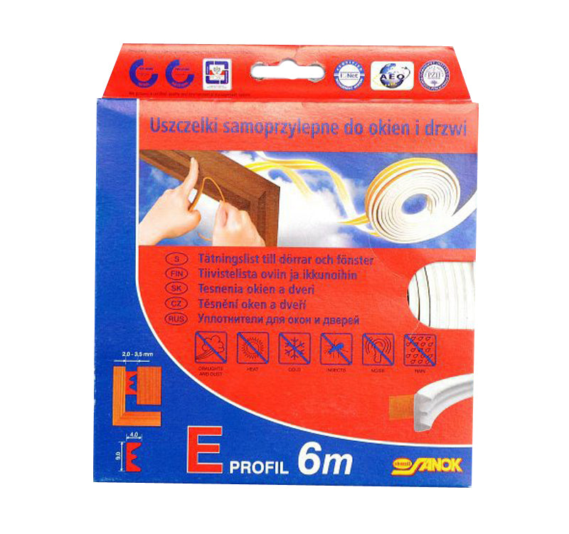 Těsnění do oken a dveří samolepící 9x4mm TYP E bílé 6m