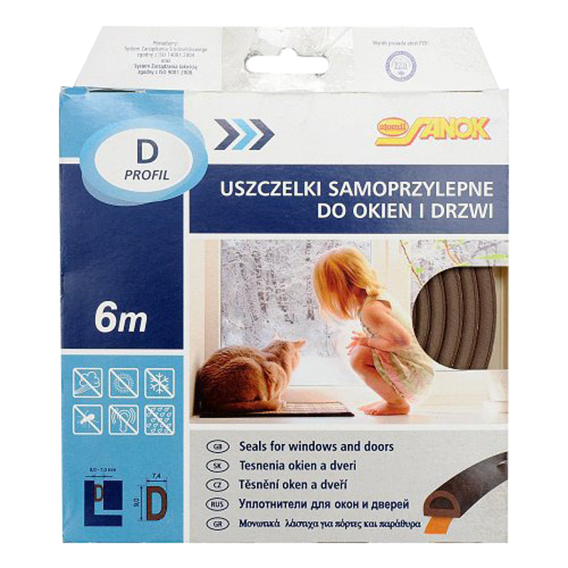 Těsnění do oken a dveří samolepící VOREL TO-76762 9x7,4mm TYP D hnědé 6m