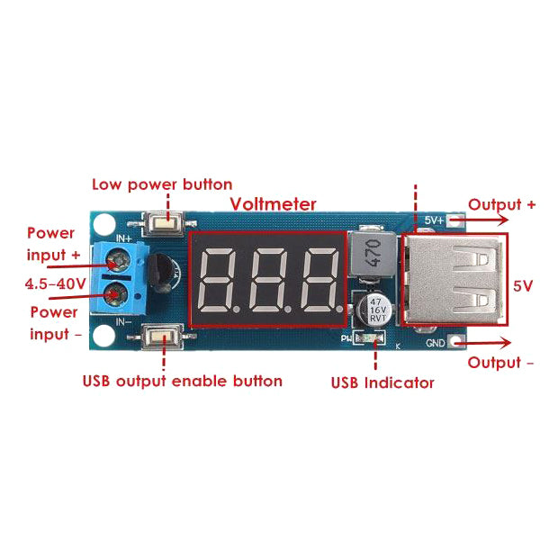 Napájecí modul, step-down měnič 4,5-40V na 5V/2A, USB+voltmetr