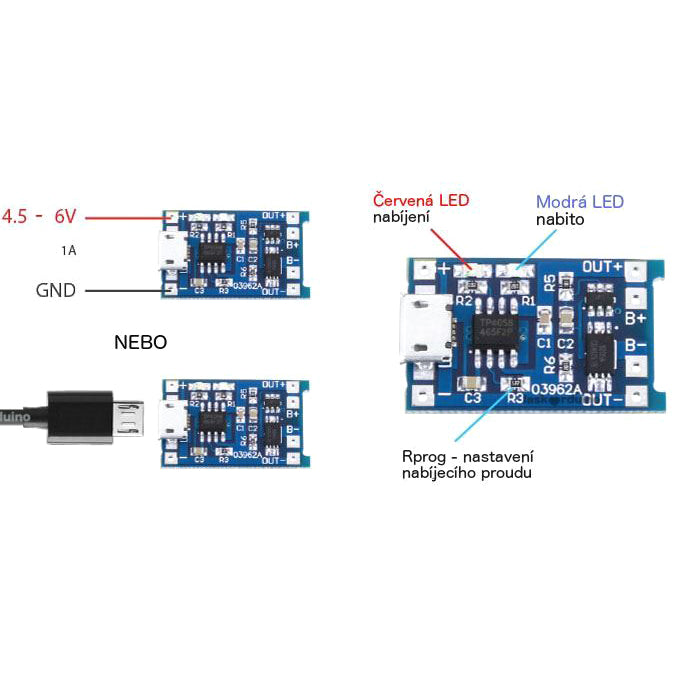 Nabíječka Li-Ion článku 1A s ochranou, modul s IO TP4056 (micro USB)