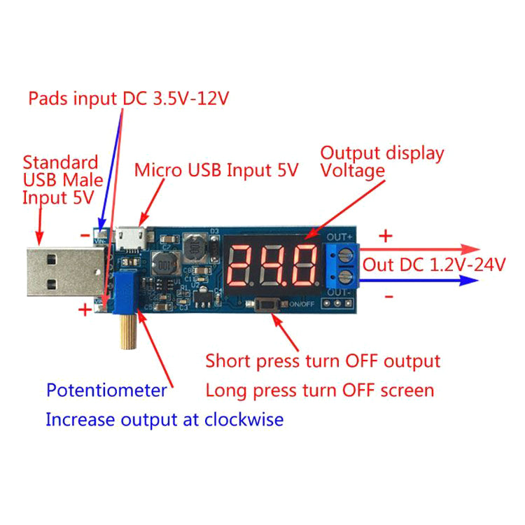 Napájecí modul, step-up měnič 3,5-12V na 1,2-24V včetně USB