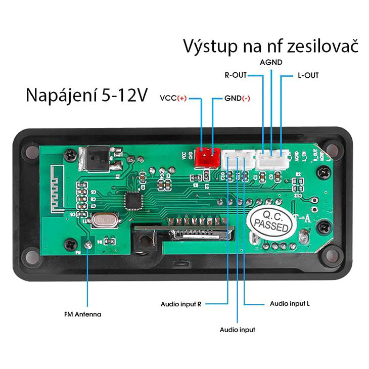 FM rádio, přehrávač MP3 s bluetooth 5.0, dálkové ovládání,napáj. 5-14V