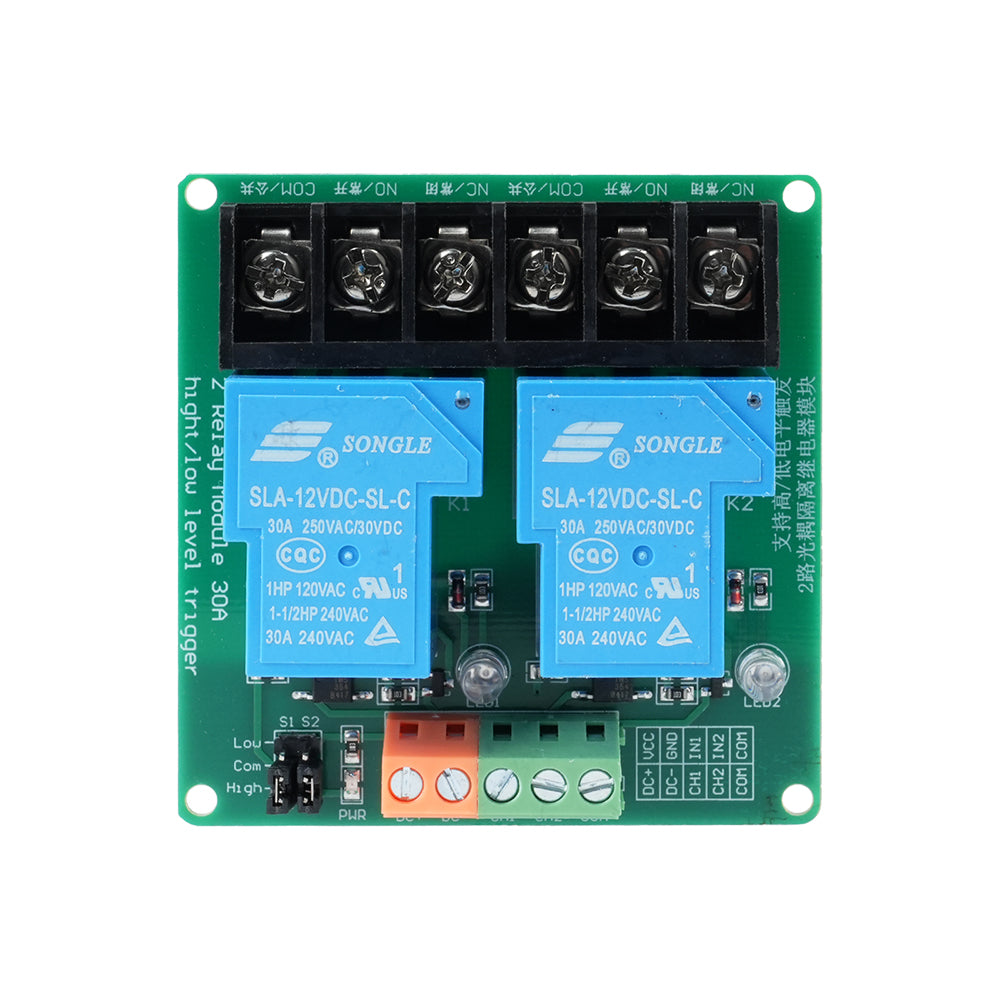Modul dvoukanálového relé 12V 30A s optoelektronickou izolací, volitelná úroveň spínání