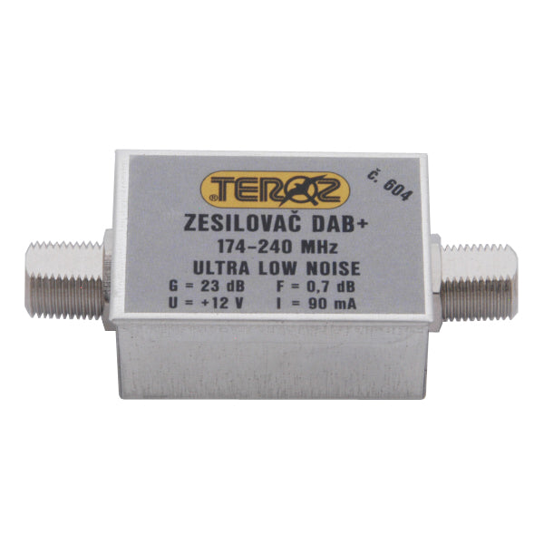 Anténní zesilovač TEROZ 604X, nízkošumový, DAB, G23dB, F0,7dB, U>120dBµV, F-F