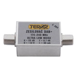 Anténní zesilovač TEROZ 604X, nízkošumový, DAB, G23dB, F0,7dB, U>120dBµV, F-F