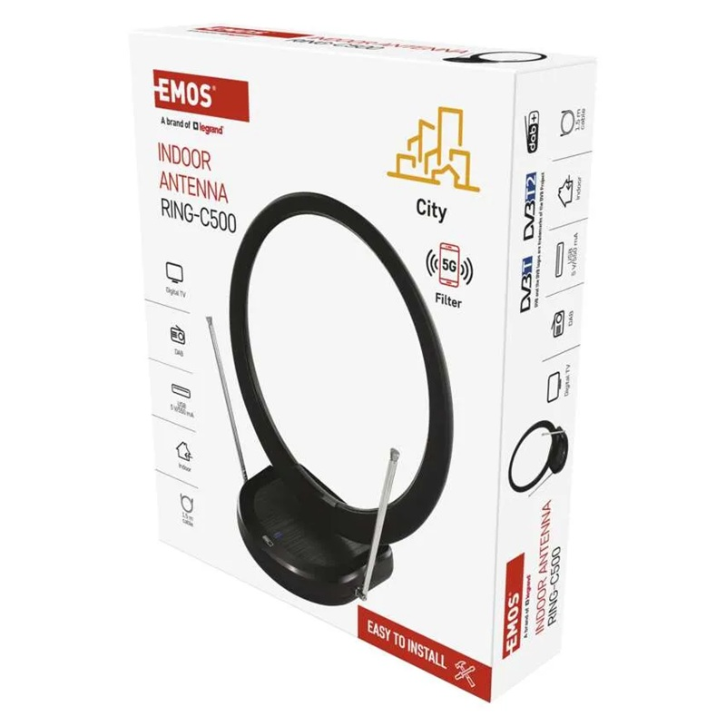 Anténa pokojová EMOS CITY RING–C500, DVB-T2, DAB, filtr LTE/4G/5G